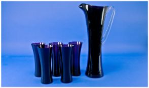 Tall Glass Jug and Goblet Set in amethyst colour comprising jug and 5 glasses, jug 14.5 inches in