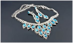 Teal Blue Marquise and Clear Crystal Necklace and Earrings, the necklace with a V shaped, bib style