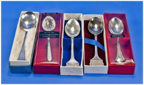 Five Boxed Commemorative Silver Spoons. Includes 3 Jubilee spoons and 2 Charles & Diana. All spoons