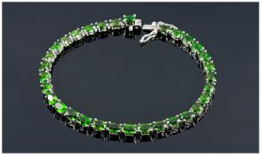 Silver Tennis Bracelet Set With Green Garnet Coloured Stones, Length 8 Inches, Fully Hallmarked