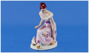 Royal Dux Figure ``Young Woman`` with turtledoves at her feet. Pink triangle to base. 5.5 inches