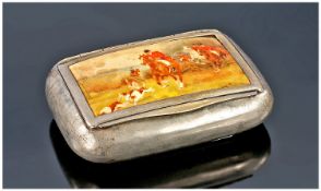 A White Metal Snuff Box with hunting scene to central panel, Circa 1940`s. 2.5x3.5``