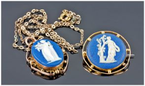 Wedgwood 9ct Gold Cameo Set Pendant & Chain with matching brooch, marked 9ct. Total weight 7.8
