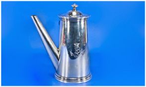 Heavy Quality Silvered Metal Christofle Chocolate Pot, with a tapering cylindrical body shape.