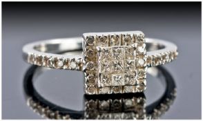 9ct White Gold Diamond Cluster Ring Set With Round Brilliant And Princess Cut Diamonds, Fully