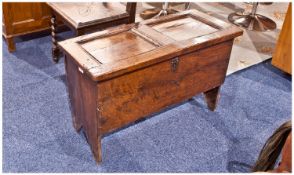 Small 17th Century Oak Coffer, with a two section panelled top, with plank sides and front. Fine