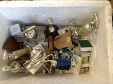 Box of Silver Plated Trophy`s, of figural form, all of fishing interests, some raised on marble