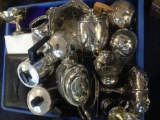 Good Box Of Silver Plated Ware Including cake stand, cruet & condiment sets, flat ware, metal bird,