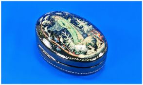 Fine Quality Oval Russian Lacquered Table Box. Featuring hand painted allegory to a fairy tale