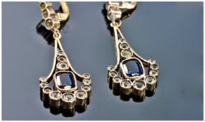 A Pair of Early 20th Century Drop Earrings, Gilt Metal Set With White Paste Stones And Dark