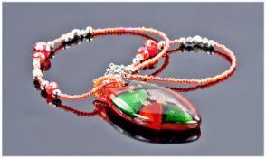 Murano Glass Red and Green Pendant Necklace, the marquise shaped pendant with panels of red, green