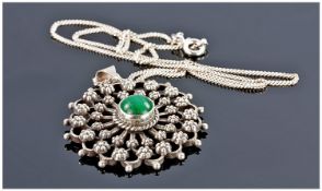 Silver Pendant Of Open Work Form Set With A Central Malachite Cabochon Suspended On A Fine Link