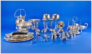 Silver Plated Items, A Misc Collection Of 32 Pieces. Comprises egg cruets, sauce boats, napkin