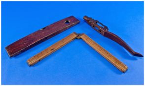 3 Pieces of Antique Wood Items, Consisting of a Spirit Level, a Foldaway Wooden Ruler Stamped J.