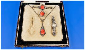 Art Deco Fine Silver Set Chinese Coral And Marcaste Pendant Drop And Chain. Plus a matching ring