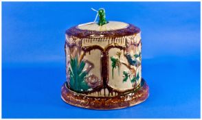 Victorian Majolica Stilton Cheese Dish And Cover. The raised body decoration depicting birds