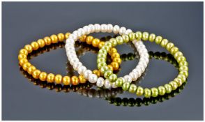 Set Of Three Cultured Freshwater Rondelle Pearl Bracelets comprising one in ivory white, one in
