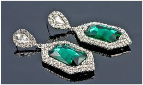 Butler & Wilson Style Pair of Octagonal Emerald Green and Austrian Crystal Earrings, the large