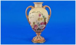 Royal Worcester Two Handle Blush Ivory Vase, Floral Decoration. Date 1901. Shape 2025. 8 Inches