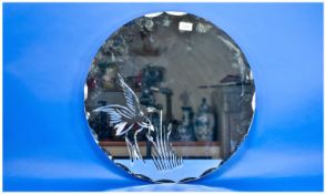 Round Etched Deco Glass Mirror decorated with a bird in flight, with faceted edge. 20`` in