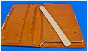 Tan Leather Wallet Containing Blotter, Ivory Page Turner, Dip Pen & Propelling Pencil