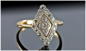 18ct Gold And Platinum Diamond Ring, Diamond Shaped Set With Round Cut Diamonds, Stamped 18ct &