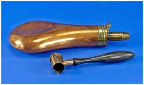 An Antique Copper Powder Horn Pear Shape with a Hand Held Shot Glass.