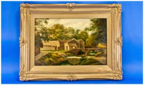 W. Baldwin Oil On Canvas Country Landscape, with a large farm cottage by a river with a two arched