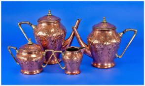 German Four Piece Copper Coffee Set With Embossed Acanthus Design. All With Brass Handles, Marked