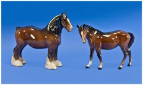 Beswick Horse Figures, 2 in total. 1. Shire Mare, Brown gloss, model number 818. 8.5`` in height.