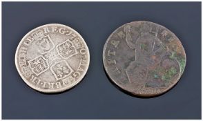 1696 William III Halfpenny Together With A Queen Anne 1707 Shilling.