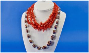 A Fine Vintage 3 Strand Coral Necklace with Gold Clasp. 15 inches in length. Plus a murano multi