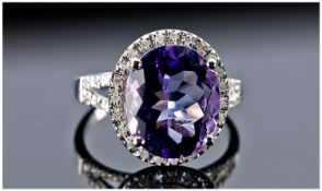 14ct White Gold Diamond & Amethyst Ring, Set With A Large Central Amethyst (Estimated Total Weight