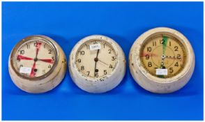 Three Soviet/Russian Naval/Submarine Clocks, Round Cast Metal Construction, With Arabic Numerals