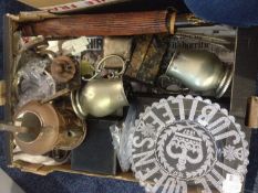 Box of Good Assorted Collectables including spirit kettle, metal ware, flatware, medals, opera