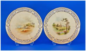 Royal China Works Worcester Fine Pair Of Handpainted Blush Ivory Cabinet Plates, Circa 1880`s With