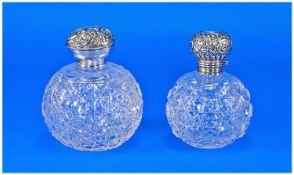 Edwardian Silver Collared & Topper Cut Glass Perfume Bottles, 2 in total, Complete with stoppers.