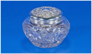 Edwardian Good Quality Ornate And Embossed Silver Topped Cut Glass Powder Jar, star base. Hallmark