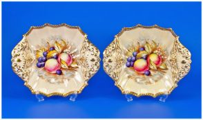 Aynsley Painted Fruit Pair Of Brocade Dishes. Gold borders. Each 8.5 inch diameter. Excellent