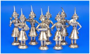 An Interesting 20th Century 8 Piece Oriental White Metal Figure Band. All figures playing various