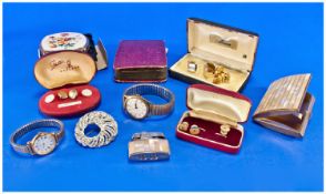Misc Lot Comprising Costume Jewellery To Include A Stratton Compact, Cufflinks, Brooch, To Quartz