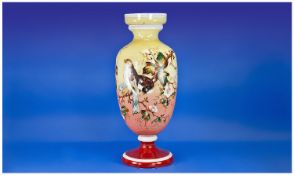 French Opaline Type Glass Vase Of Large Size. Enamel decorated with birds amongst flowering
