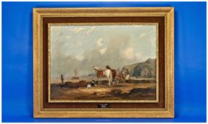 William Shayer Senior 1787-1879. Coastal Scene - Off Shore with Figures and Boats. Oil on canvas,
