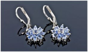 Tanzanite Floral Cluster Lever Back Earrings, each cluster having pear cut tanzanites, alternating