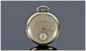 Bulova Art Deco Style Gold Plated Slimline Open Faces Pocket Watch, with secondary dial. Original
