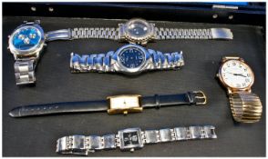 Three Various Gentleman`s Quartz Watches, two ladies` similar  and a wristwatch style compass, in a