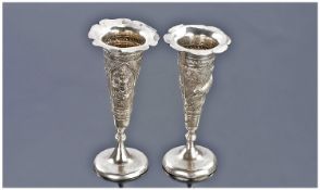 Pair Of Indian Silver Spill Vases, Showing Embossed Jungle & Deity Scenes, Unmarked, Height 94mm