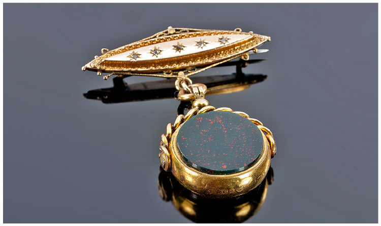 Victorian 9ct Gold And Diamond Brooch. Together with a 9ct gold swivel watch fob. Hallmark Chester