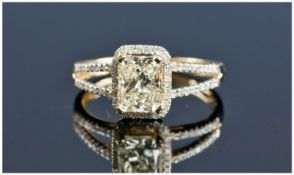 Emerald Cut Diamond Ring, Surrounded By Small Round Cut Diamonds, Diamond Set Shoulders, Estimated