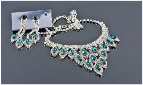 Emerald Green Marquise and Clear Crystal Necklace and Earrings, the necklace with a V shaped, bib